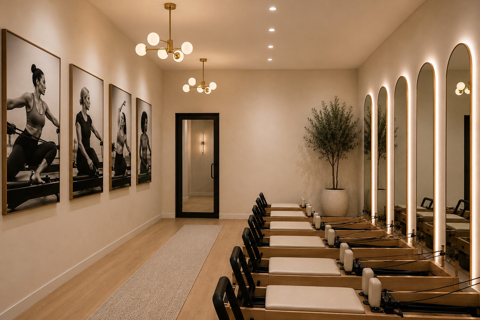 The reformer room: a row of oak-framed reformers along a wall of tall arched mirrors lit from within, with brass fixtures overhead and framed black-and-white Pilates photographs opposite.